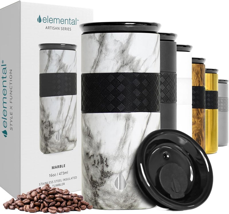 Elemental Artisan Insulated Tumbler, Triple Wall Coffee Travel Tumbler, Reusable Stainless Steel with Ceramic Lid, Thermal Coffee Cup for Hot (6 Hrs) & Cold (18 Hrs) 16oz - White Marble - Image 1