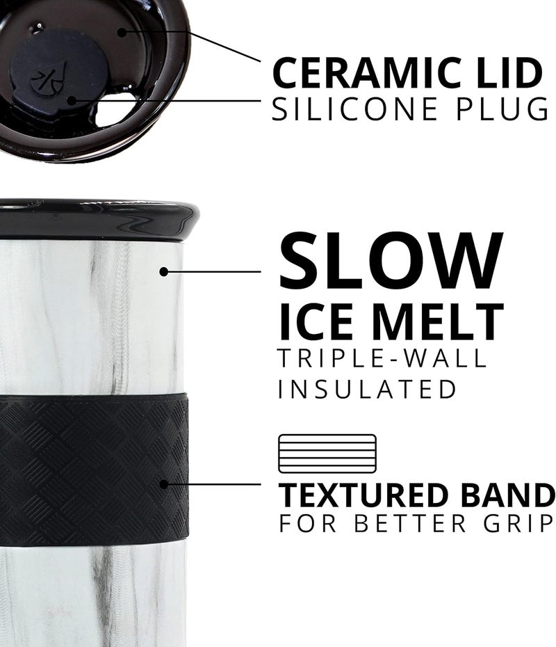 Elemental Artisan Insulated Tumbler, Triple Wall Coffee Travel Tumbler, Reusable Stainless Steel with Ceramic Lid, Thermal Coffee Cup for Hot (6 Hrs) & Cold (18 Hrs) 16oz - White Marble - Image 4
