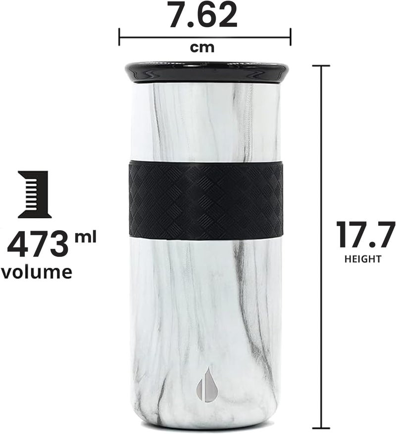 Elemental Artisan Insulated Tumbler, Triple Wall Coffee Travel Tumbler, Reusable Stainless Steel with Ceramic Lid, Thermal Coffee Cup for Hot (6 Hrs) & Cold (18 Hrs) 16oz - White Marble - Image 2