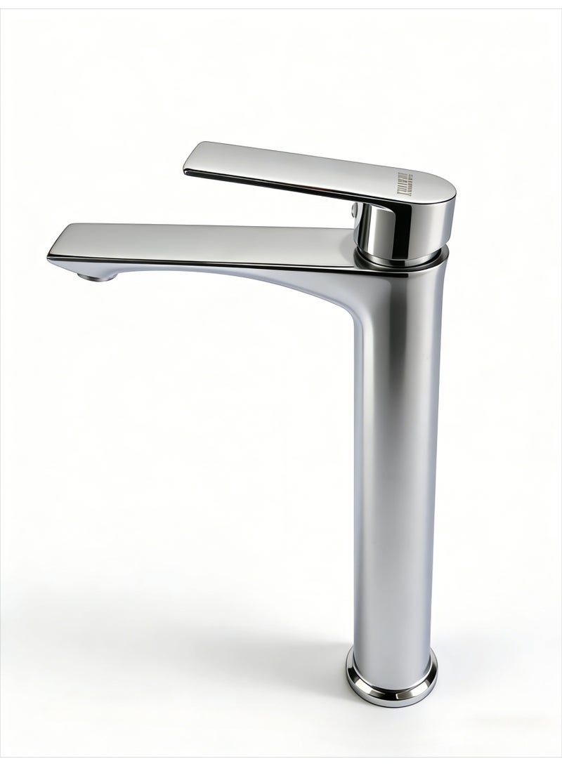 Heightening long flat kitchen faucet, stainless steel single handle practical laundry sink faucet heightening long flat single hole basin faucet alloy body + alloy handle steel foot steel nut - Image 1