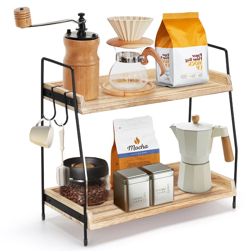 Honlibey 2Tier Coffee Station Organizer for Countertop Wooden Coffee Bar Organizer with 2 Cup Hooks Countertop Storage for Bathroom Kitchen Holiday Decorations