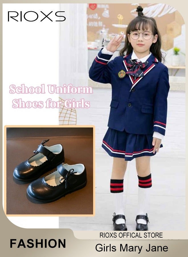 RIOXS Toddler Girls' Mary Jane Shoes, Elegant Bowknot Ballerina Flats, Girls School Shoes with Velcro Closure, Matte Leather Uniform Dress Shoe, Classic Oxford Shoes for Kids Girls, Lightweight Non-slip Walking Shoes, Princess Shoes for Parties, Weddings, Music Recitals, Formal Occasions and Daily Wear, Black Retro Flats - Image 3