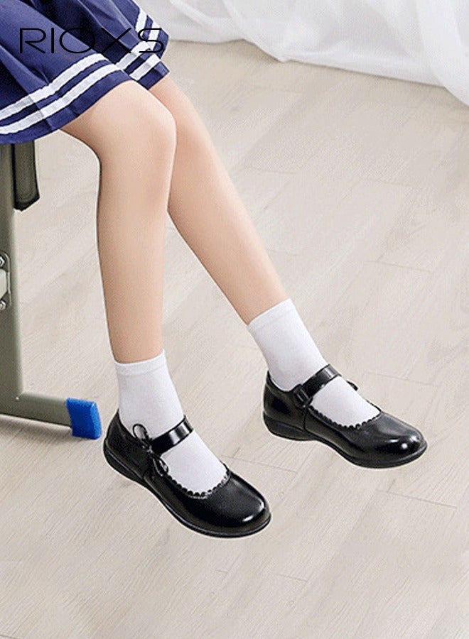 RIOXS Toddler Girls' Mary Jane Shoes, Elegant Bowknot Ballerina Flats, Girls School Shoes with Velcro Closure, Matte Leather Uniform Dress Shoe, Classic Oxford Shoes for Kids Girls, Lightweight Non-slip Walking Shoes, Princess Shoes for Parties, Weddings, Music Recitals, Formal Occasions and Daily Wear, Black Retro Flats - Image 1