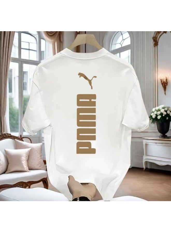 Puma White Base Gold Logo Streetwear Short-Sleeve T-Shirt, Casual Sporty Style Unisex Size 2XL - Image 1