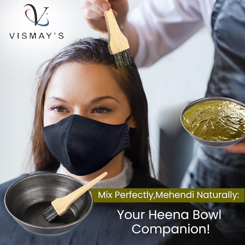 VISMAY'S Vismays Handmade Iron Henna Bowl with Wooden Brush Mehandi Katora Heena Kadhai Kadai Karahi Durable Loha Katori for Mehendi Wok Kavala Ideal for Personal Salon Spa Hair Mask Make In India 85 inch - Image 2