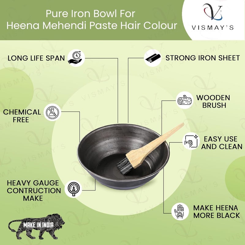 VISMAY'S Vismays Handmade Iron Henna Bowl with Wooden Brush Mehandi Katora Heena Kadhai Kadai Karahi Durable Loha Katori for Mehendi Wok Kavala Ideal for Personal Salon Spa Hair Mask Make In India 85 inch - Image 4