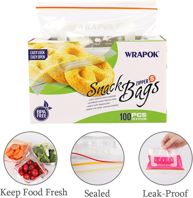 أكياس WRAPOK الصغيرة للسندويشات المجمدة، 100 كيس، أكياس قفل بسحاب للوجبات الخفيفة وصناديق الغداء، أكياس قابلة لإعادة الاستخدام لأطفال المدارس - مقاس 6.3 × 4 بوصة - Image 2