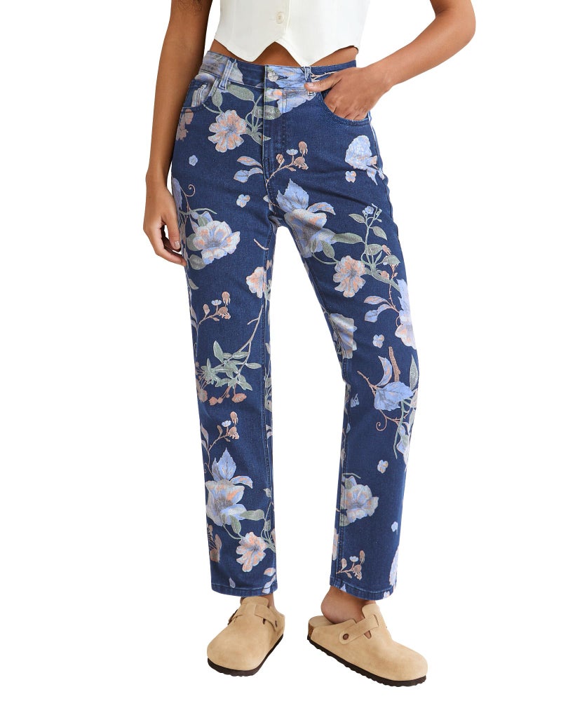 luvamia Straight Leg Jeans for Women Floral Printed Jeans Pants for Women Cute Blue High Waisted Womens Straight Leg Floral Print 1 Dark Wash Size Medium US 8 to 10 - Image 1