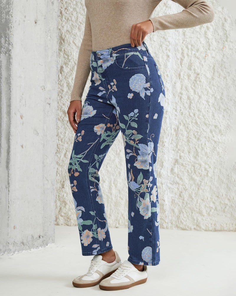 luvamia Straight Leg Jeans for Women Floral Printed Jeans Pants for Women Cute Blue High Waisted Womens Straight Leg Floral Print 1 Dark Wash Size Medium US 8 to 10 - Image 5