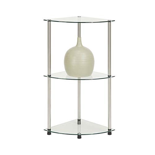 Convenience Concepts Designs2Go Classic Glass 3-Tier Corner Shelf 13.75" - Modern Media Bookshelf with Storage Shelves for Living Room, Display Storage Shelves for Family Room, Bathroom, Office, Glass/Chrome - Image 2