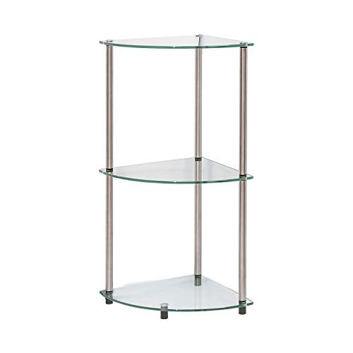 Convenience Concepts Designs2Go Classic Glass 3-Tier Corner Shelf 13.75" - Modern Media Bookshelf with Storage Shelves for Living Room, Display Storage Shelves for Family Room, Bathroom, Office, Glass/Chrome - Image 1