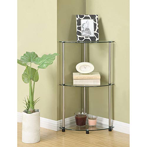 Convenience Concepts Designs2Go Classic Glass 3-Tier Corner Shelf 13.75" - Modern Media Bookshelf with Storage Shelves for Living Room, Display Storage Shelves for Family Room, Bathroom, Office, Glass/Chrome - Image 3