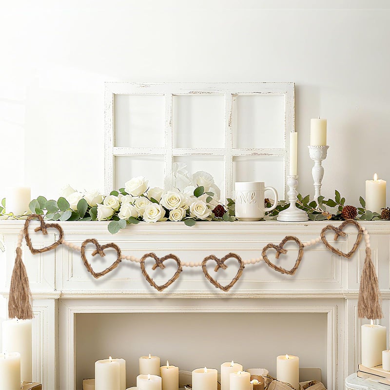 ARQRHTLY Wedding Heart Garland Vintage Rattan Heart Wreath Wood Beads Bridal Shower Banner Rustic Wreath Decorations for Mantel Fireplace Wall Home Farmhouse Decor - Image 1