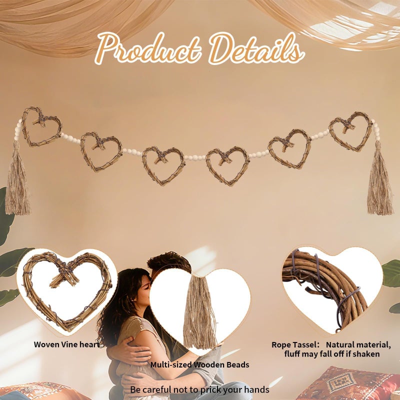 ARQRHTLY Wedding Heart Garland Vintage Rattan Heart Wreath Wood Beads Bridal Shower Banner Rustic Wreath Decorations for Mantel Fireplace Wall Home Farmhouse Decor - Image 5