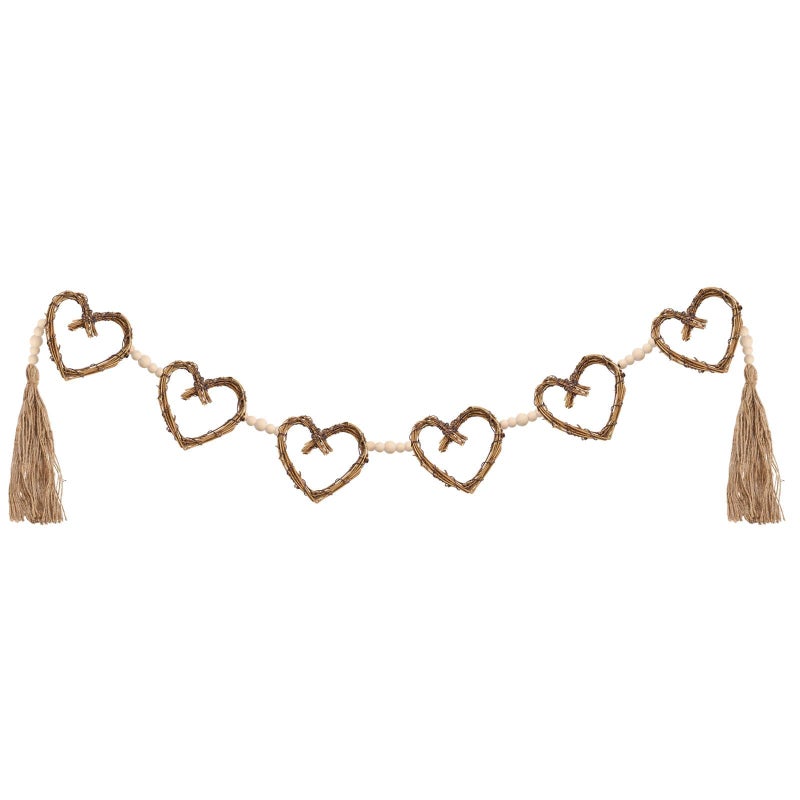 ARQRHTLY Wedding Heart Garland Vintage Rattan Heart Wreath Wood Beads Bridal Shower Banner Rustic Wreath Decorations for Mantel Fireplace Wall Home Farmhouse Decor - Image 3