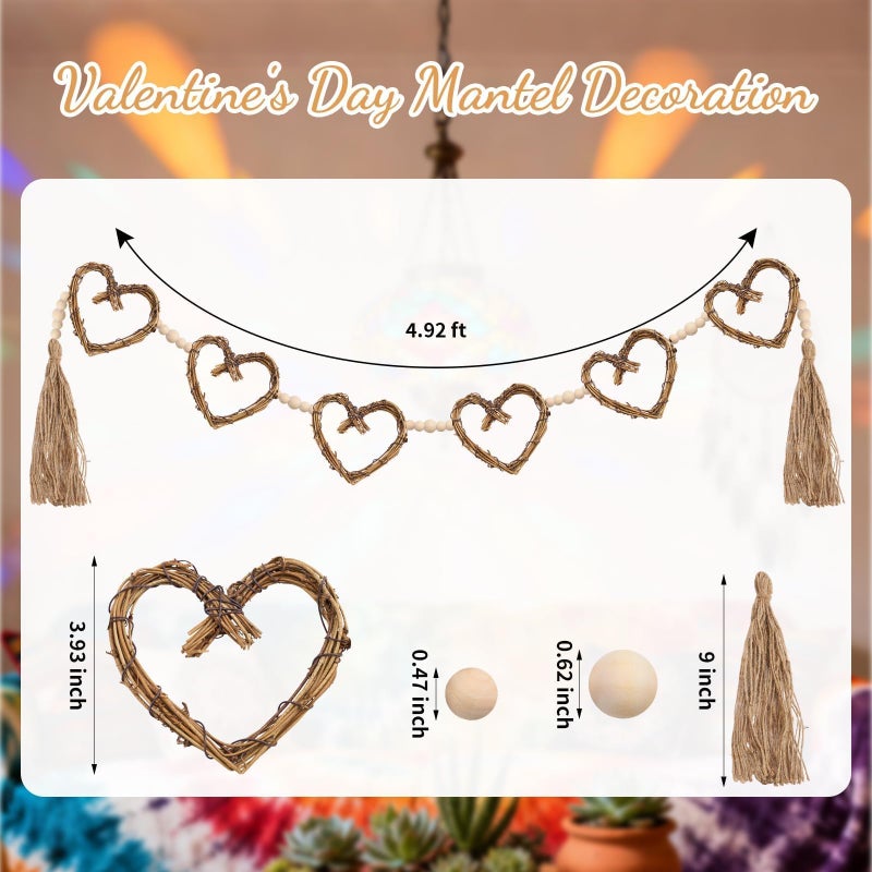ARQRHTLY Wedding Heart Garland Vintage Rattan Heart Wreath Wood Beads Bridal Shower Banner Rustic Wreath Decorations for Mantel Fireplace Wall Home Farmhouse Decor - Image 4