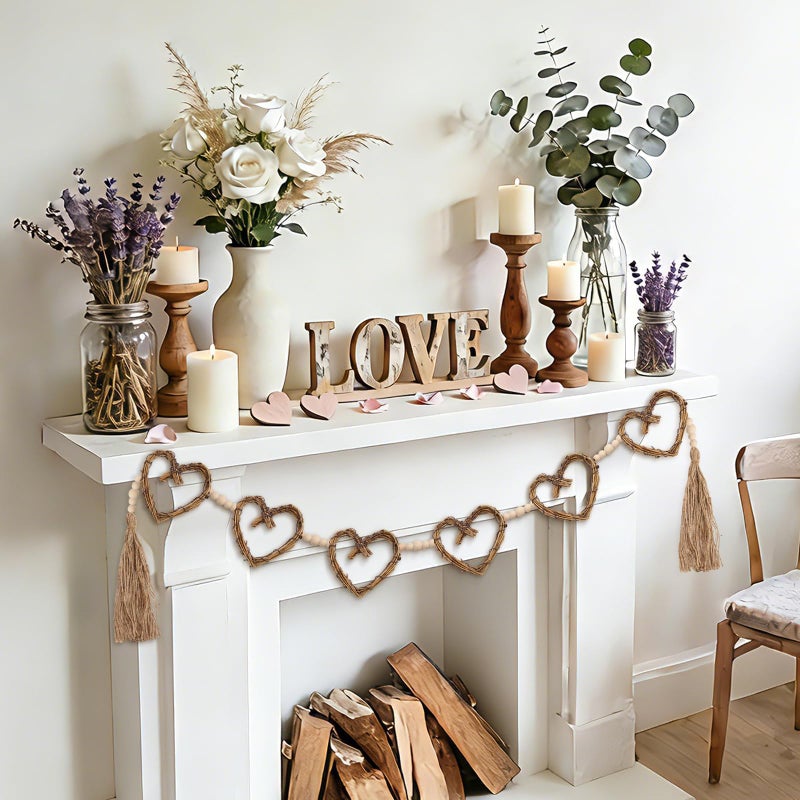 ARQRHTLY Wedding Heart Garland Vintage Rattan Heart Wreath Wood Beads Bridal Shower Banner Rustic Wreath Decorations for Mantel Fireplace Wall Home Farmhouse Decor - Image 2