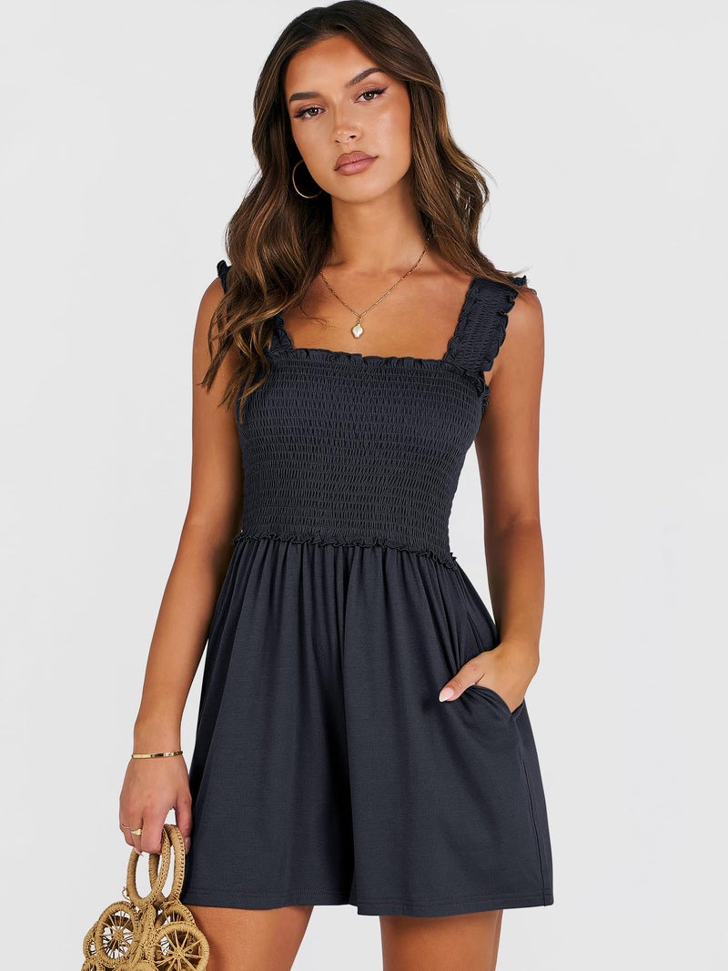 Caracilia Women's Summer Casual Smocked Rompers Square Neck Sleeveless Loose Shorts Jumpsuit 2026 Beach Vacation Outfits Navy Blue - Image 2