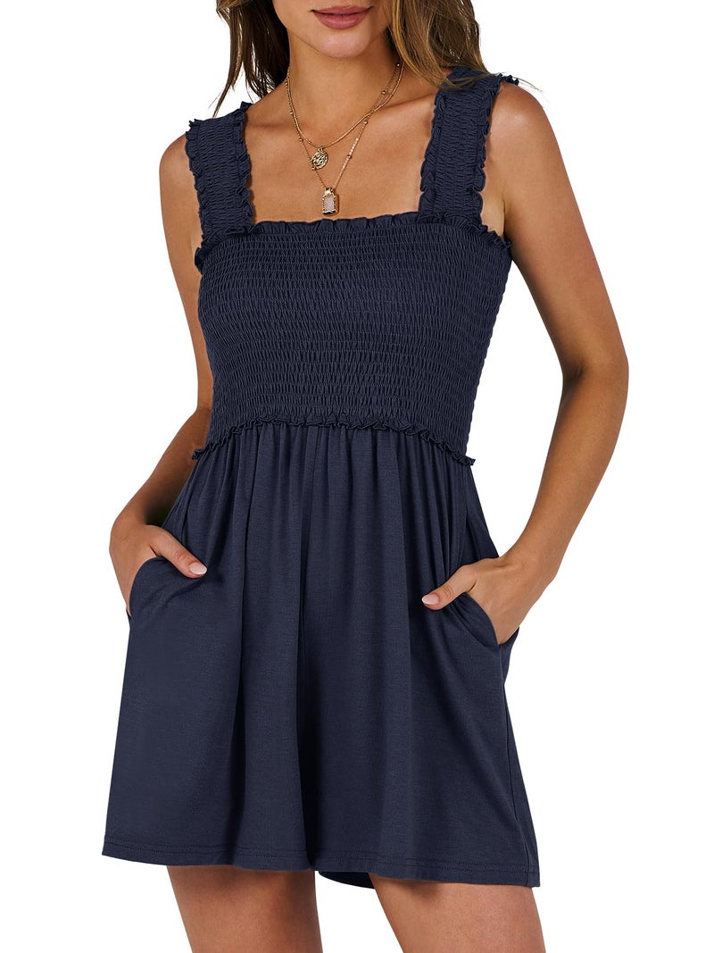 Caracilia Women's Summer Casual Smocked Rompers Square Neck Sleeveless Loose Shorts Jumpsuit 2026 Beach Vacation Outfits Navy Blue - Image 1