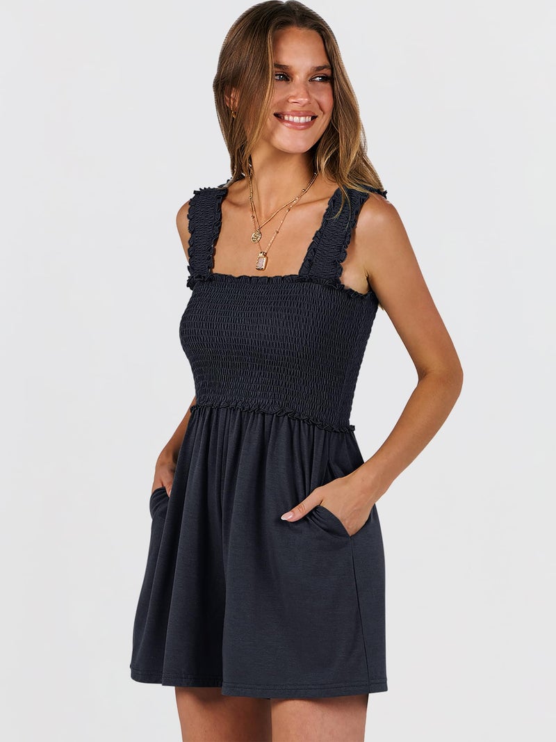 Caracilia Women's Summer Casual Smocked Rompers Square Neck Sleeveless Loose Shorts Jumpsuit 2026 Beach Vacation Outfits Navy Blue - Image 3