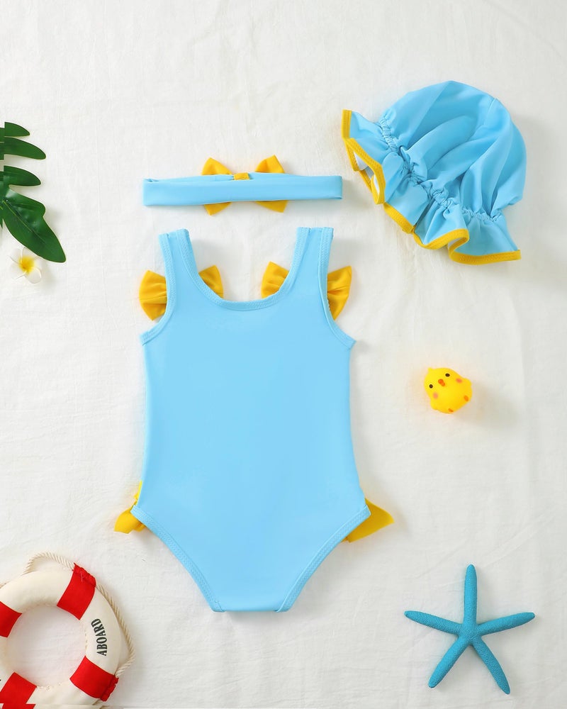 SODLON Baby Girl Swimsuit 12-18 Months Infant One-Piece Bathing Suit Cute Ruffle Cartoon Swimwear with Hat & Headband Summer Tankini Bikini Baby Beach Essentials Blue Duck - Image 2