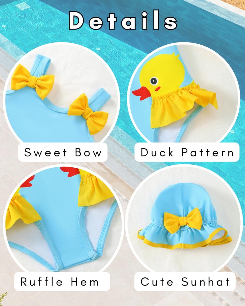 SODLON Baby Girl Swimsuit 12-18 Months Infant One-Piece Bathing Suit Cute Ruffle Cartoon Swimwear with Hat & Headband Summer Tankini Bikini Baby Beach Essentials Blue Duck - Image 5