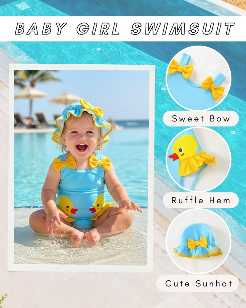 SODLON Baby Girl Swimsuit 12-18 Months Infant One-Piece Bathing Suit Cute Ruffle Cartoon Swimwear with Hat & Headband Summer Tankini Bikini Baby Beach Essentials Blue Duck - Image 3