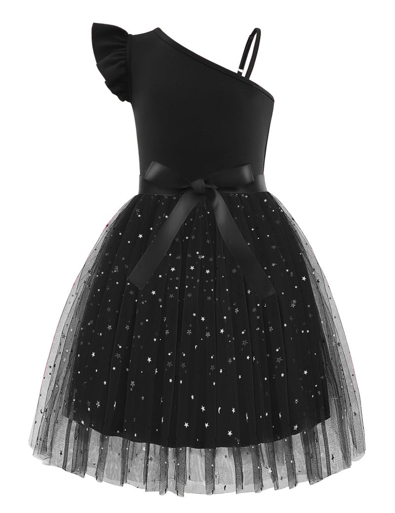 Arshiner Black Dress for Girls Summer Tulle Formal Party Fancy Special Occasion Pageant Ball Gown One Shoulder Sparkly Midi Sundress Outfit - Image 1