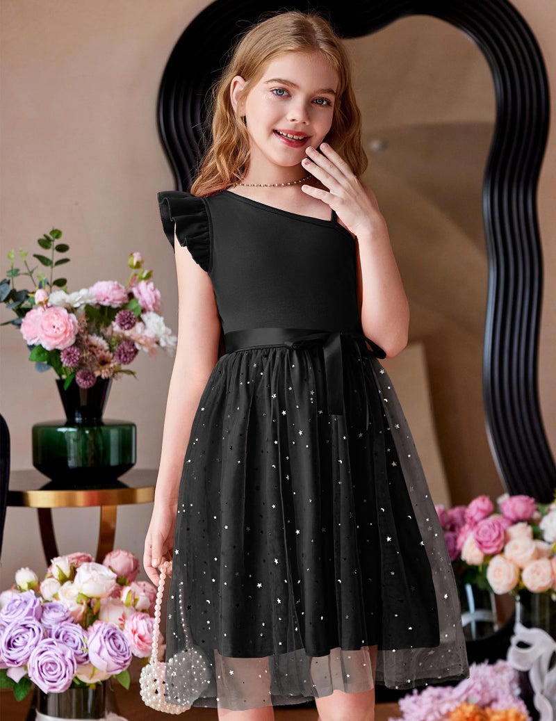 Arshiner Black Dress for Girls Summer Tulle Formal Party Fancy Special Occasion Pageant Ball Gown One Shoulder Sparkly Midi Sundress Outfit - Image 2
