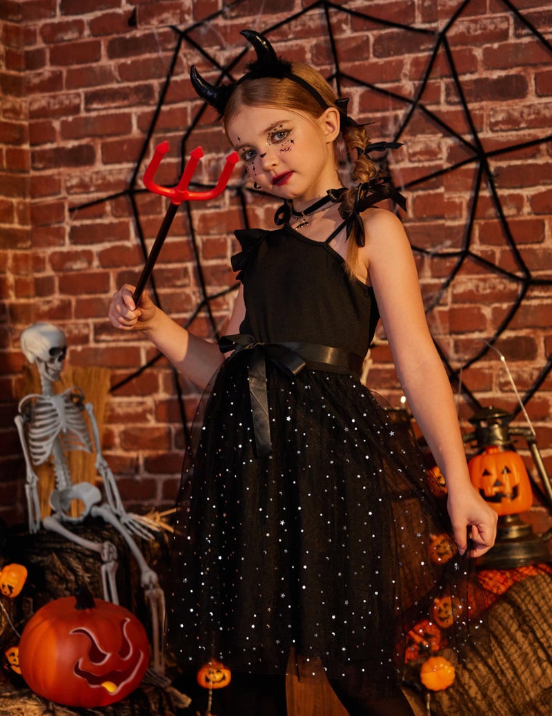 Arshiner Black Dress for Girls Summer Tulle Formal Party Fancy Special Occasion Pageant Ball Gown One Shoulder Sparkly Midi Sundress Outfit - Image 5