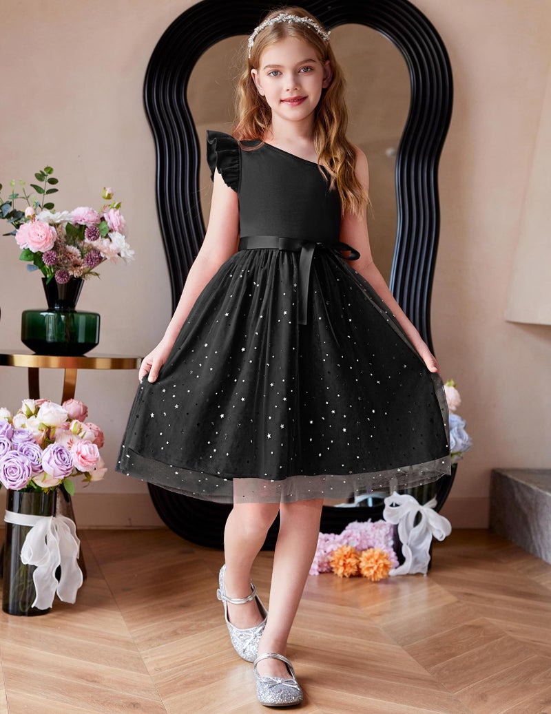 Arshiner Black Dress for Girls Summer Tulle Formal Party Fancy Special Occasion Pageant Ball Gown One Shoulder Sparkly Midi Sundress Outfit - Image 3