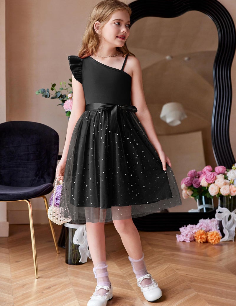 Arshiner Black Dress for Girls Summer Tulle Formal Party Fancy Special Occasion Pageant Ball Gown One Shoulder Sparkly Midi Sundress Outfit - Image 4
