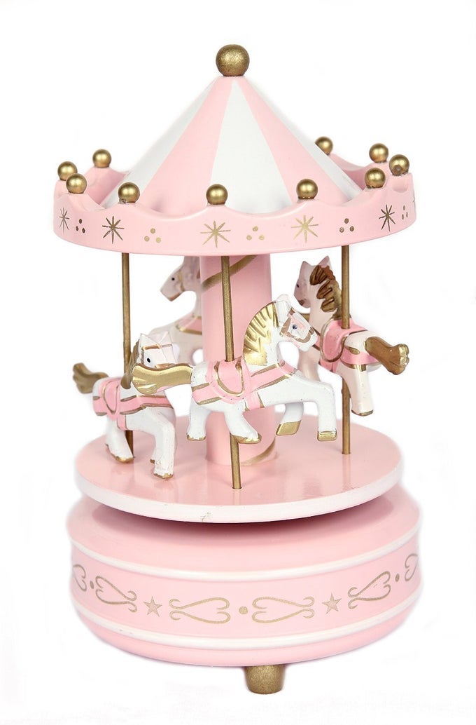 SCHOOLSUPPLIES NEW PINK WOODEN MERRY GO ROUND CAROUSEL CLASSIC MUSIC BOX KIDS GIRLS GIFT TOY