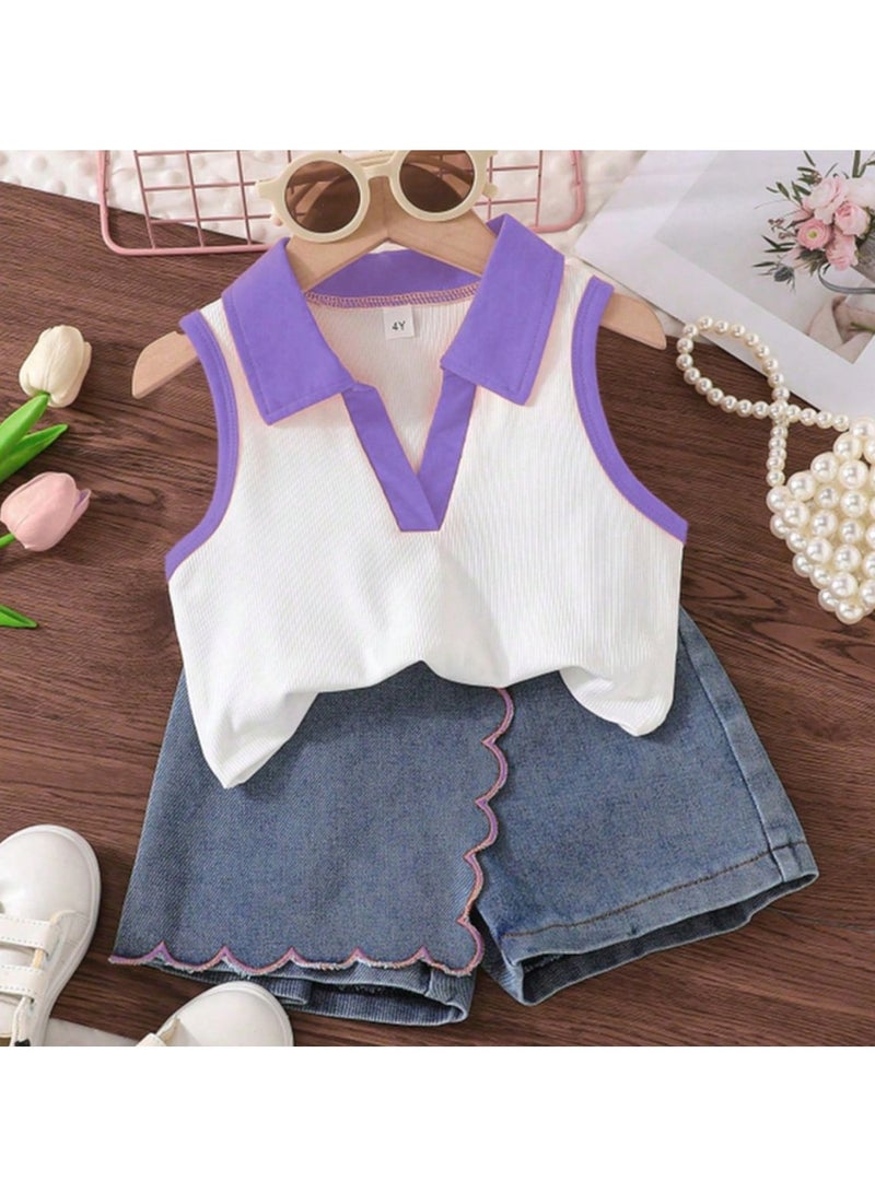 4Y Toddler Girls 2 Pcs Set, Purple-Trim Polo-Collar Sleeveless Top with Lavender Accents, White & Purple Contrast, Denim Scallop-Edge Skort Set, Casual Summer Outfit for Birthday, Picnic, Travel, Park Playdates  - Image 1