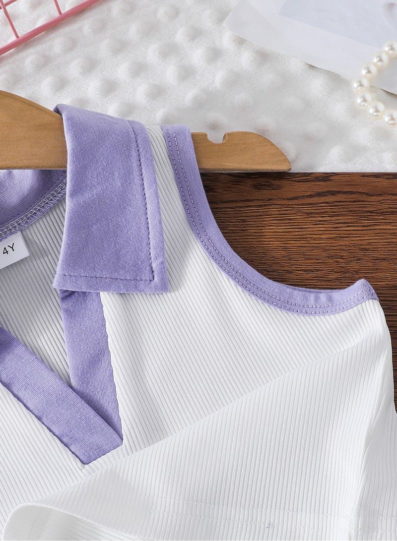4Y Toddler Girls 2 Pcs Set, Purple-Trim Polo-Collar Sleeveless Top with Lavender Accents, White & Purple Contrast, Denim Scallop-Edge Skort Set, Casual Summer Outfit for Birthday, Picnic, Travel, Park Playdates  - Image 5