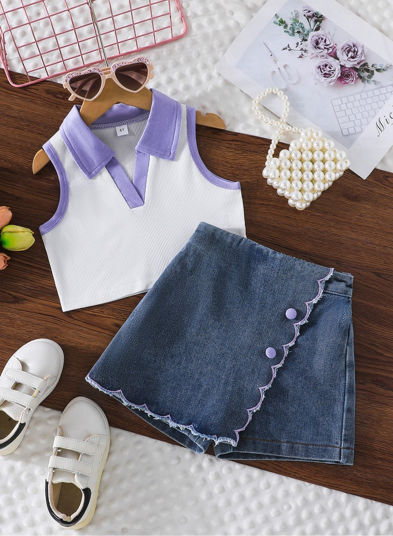 4Y Toddler Girls 2 Pcs Set, Purple-Trim Polo-Collar Sleeveless Top with Lavender Accents, White & Purple Contrast, Denim Scallop-Edge Skort Set, Casual Summer Outfit for Birthday, Picnic, Travel, Park Playdates  - Image 2