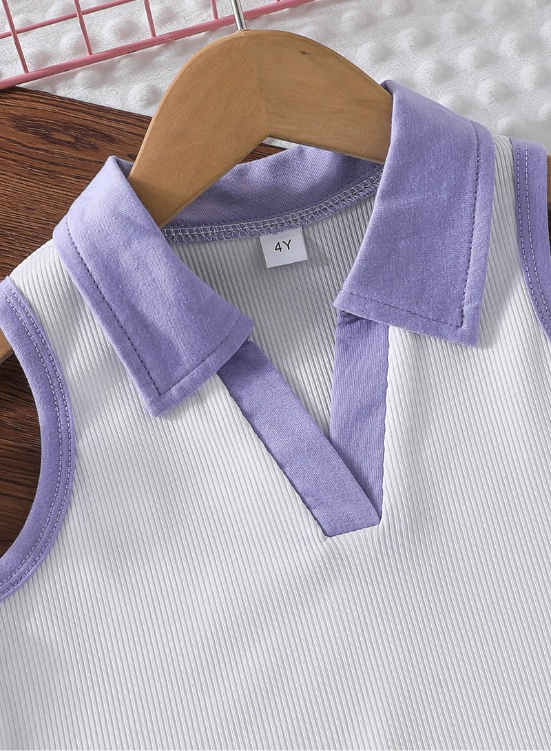 4Y Toddler Girls 2 Pcs Set, Purple-Trim Polo-Collar Sleeveless Top with Lavender Accents, White & Purple Contrast, Denim Scallop-Edge Skort Set, Casual Summer Outfit for Birthday, Picnic, Travel, Park Playdates  - Image 4