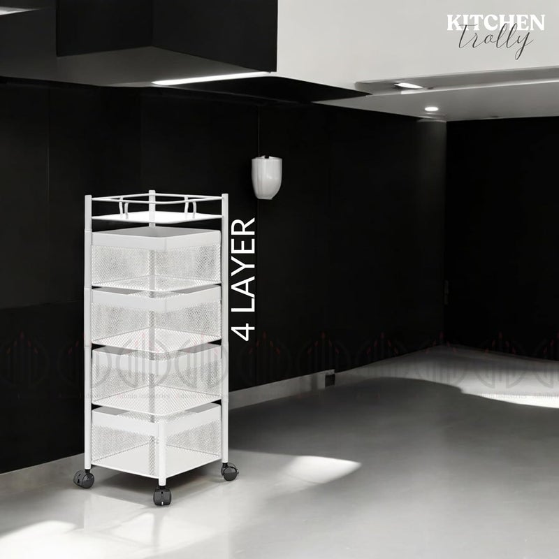 ADMIN INDUSTRIES Storage Rack Metal Kitchen Trolley Revolving Rack Square Multipurpose Storage Trolley with Wheels Kitchen Accessories Items and Vegetable Basket for Kitchen 4 Layer - Image 3