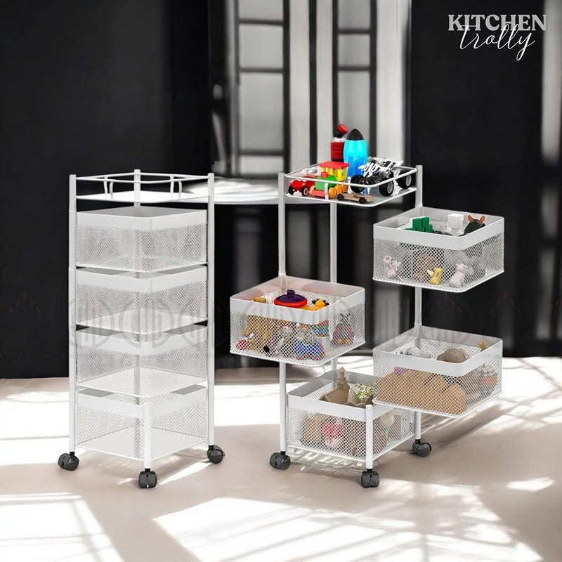 ADMIN INDUSTRIES Storage Rack Metal Kitchen Trolley Revolving Rack Square Multipurpose Storage Trolley with Wheels Kitchen Accessories Items and Vegetable Basket for Kitchen 4 Layer - Image 5