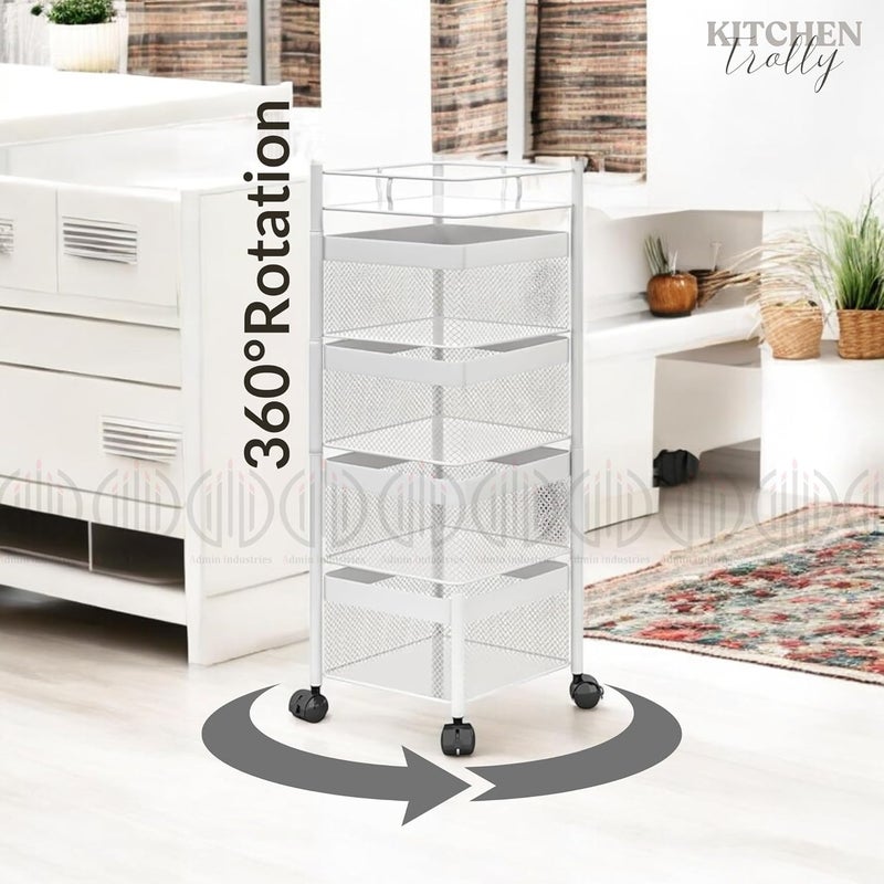 ADMIN INDUSTRIES Storage Rack Metal Kitchen Trolley Revolving Rack Square Multipurpose Storage Trolley with Wheels Kitchen Accessories Items and Vegetable Basket for Kitchen 4 Layer - Image 4