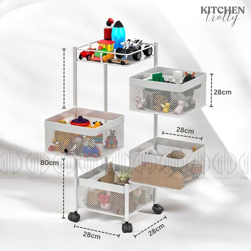 ADMIN INDUSTRIES Storage Rack Metal Kitchen Trolley Revolving Rack Square Multipurpose Storage Trolley with Wheels Kitchen Accessories Items and Vegetable Basket for Kitchen 4 Layer - Image 2