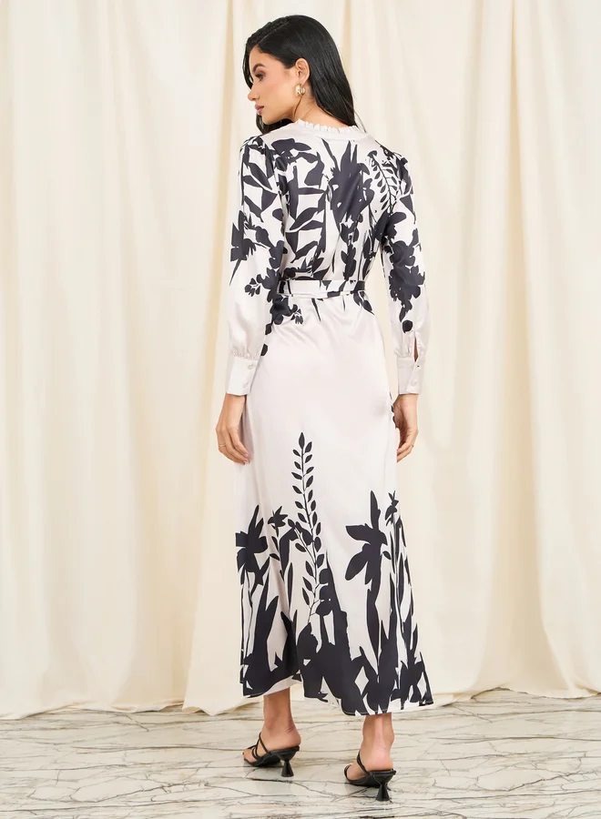 Styli Styli Satin Floral Print Shirt Maxi Dress with Self Tie Up