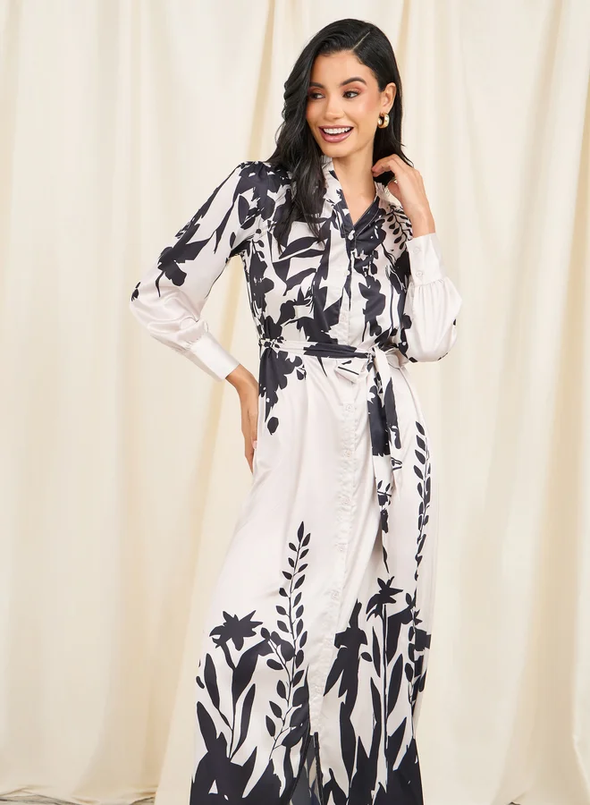 Styli Styli Satin Floral Print Shirt Maxi Dress with Self Tie Up