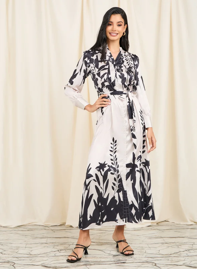 Styli Styli Satin Floral Print Shirt Maxi Dress with Self Tie Up