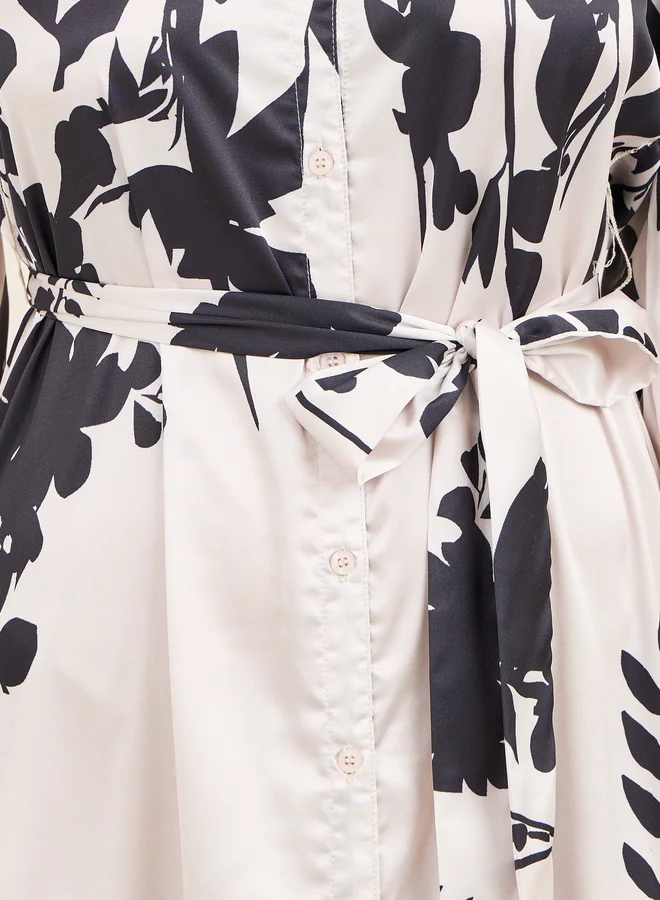 Styli Styli Satin Floral Print Shirt Maxi Dress with Self Tie Up