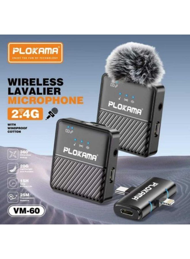 التخطيط ميكروفون لافاليرلاسلكي PLOKAMA VM-60 - صوت نقي؛ تقليل ضوضاء؛ Plug & Play للبث والتصويرببطاريه 200 امبير - Image 4