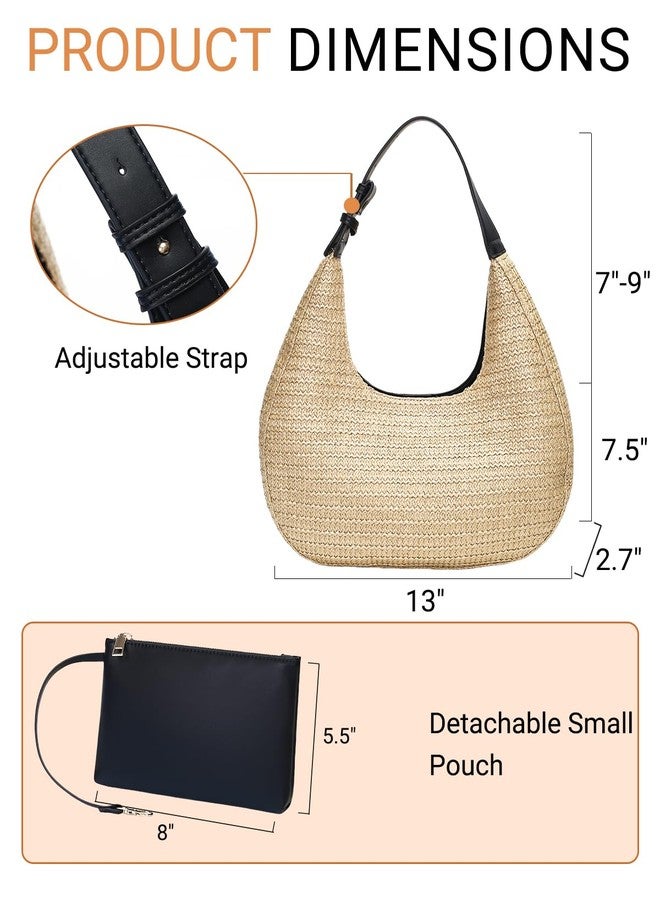 Herald Hobo Crescent Straw Handbag for Women, Summer Beach Tote Bag Purse Top Handle Satchel with Adjustable Strap (Brown) - Image 5