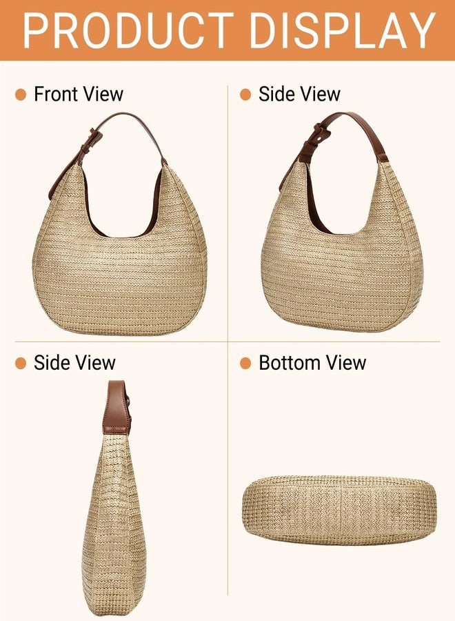 Herald Hobo Crescent Straw Handbag for Women, Summer Beach Tote Bag Purse Top Handle Satchel with Adjustable Strap (Brown) - Image 4