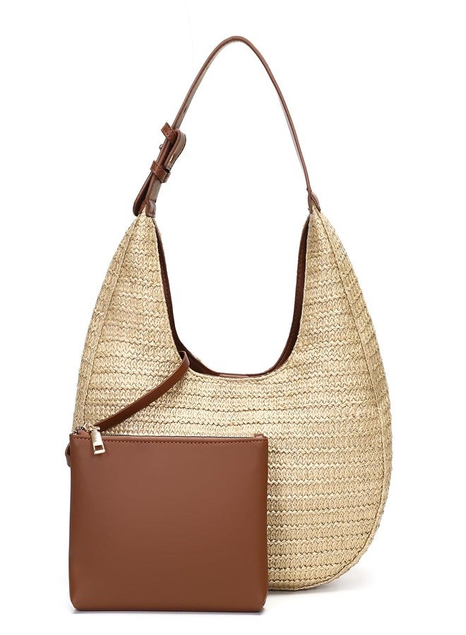 Herald Hobo Crescent Straw Handbag for Women, Summer Beach Tote Bag Purse Top Handle Satchel with Adjustable Strap (Brown) - Image 1