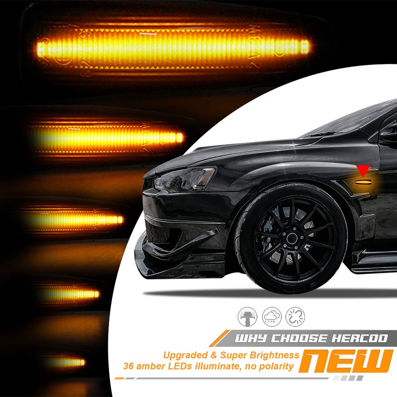 HERCOO Sequential Blink Amber LED Side Marker Light Assembly Compatible with Mitsubishi Lancer Outlander 2008-2013 Turn Signal Lamp Smoked Lens, Pack of 2 - Image 3